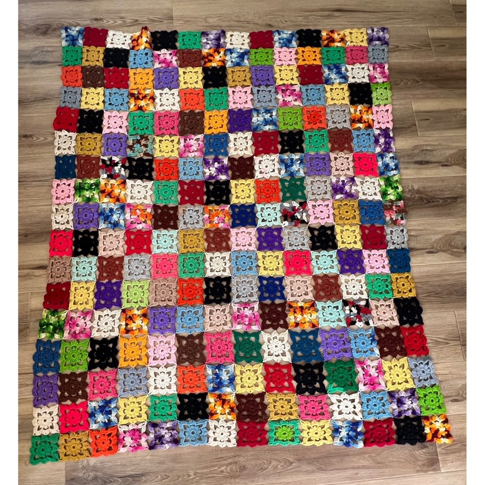 Vintage Handmade Crochet Granny Square Blanket Multi Color Patchwork Throw 55x65